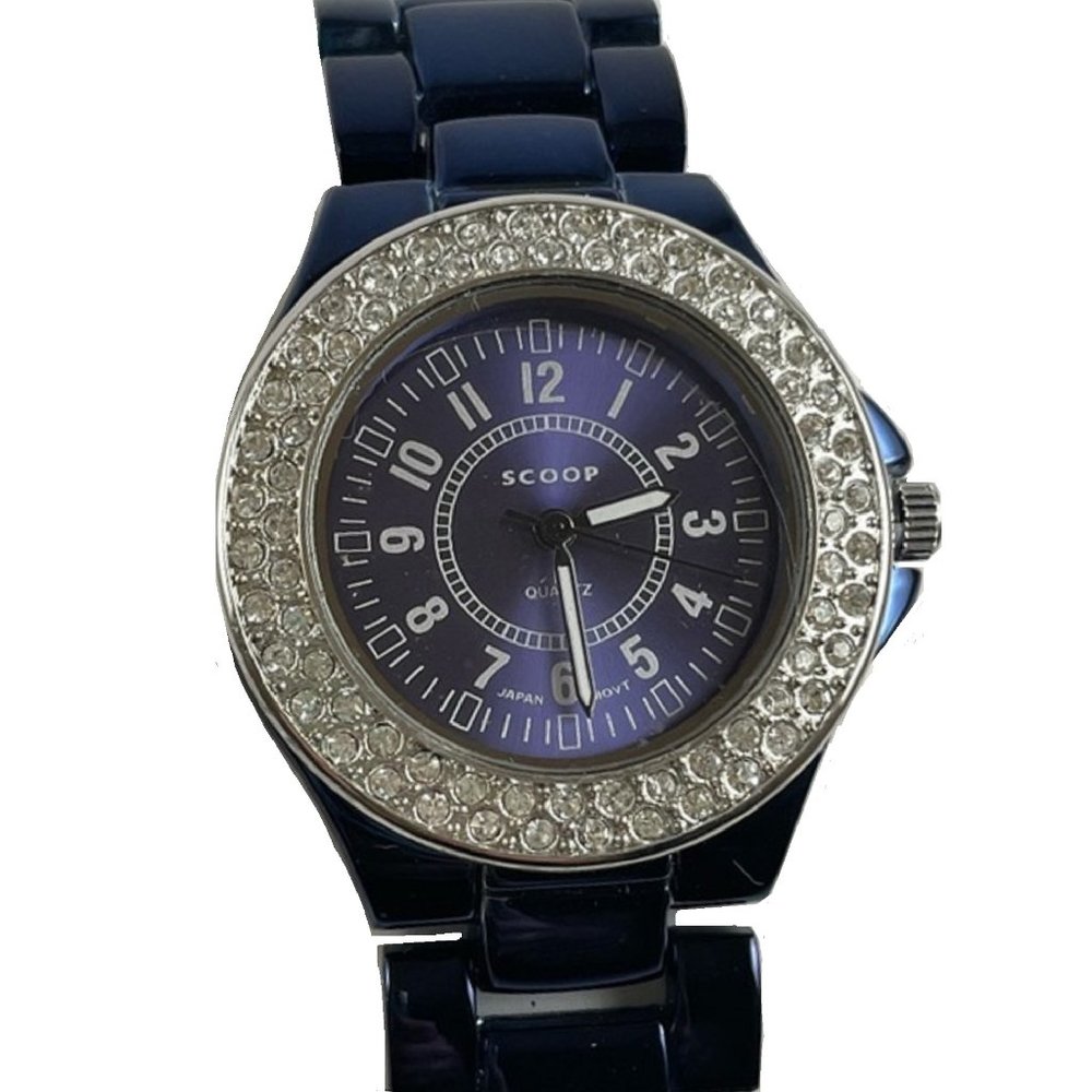 SCOOP Crystal Women's Wrist Watch Quartz Movement BLUE Stainless Steel Bracelet